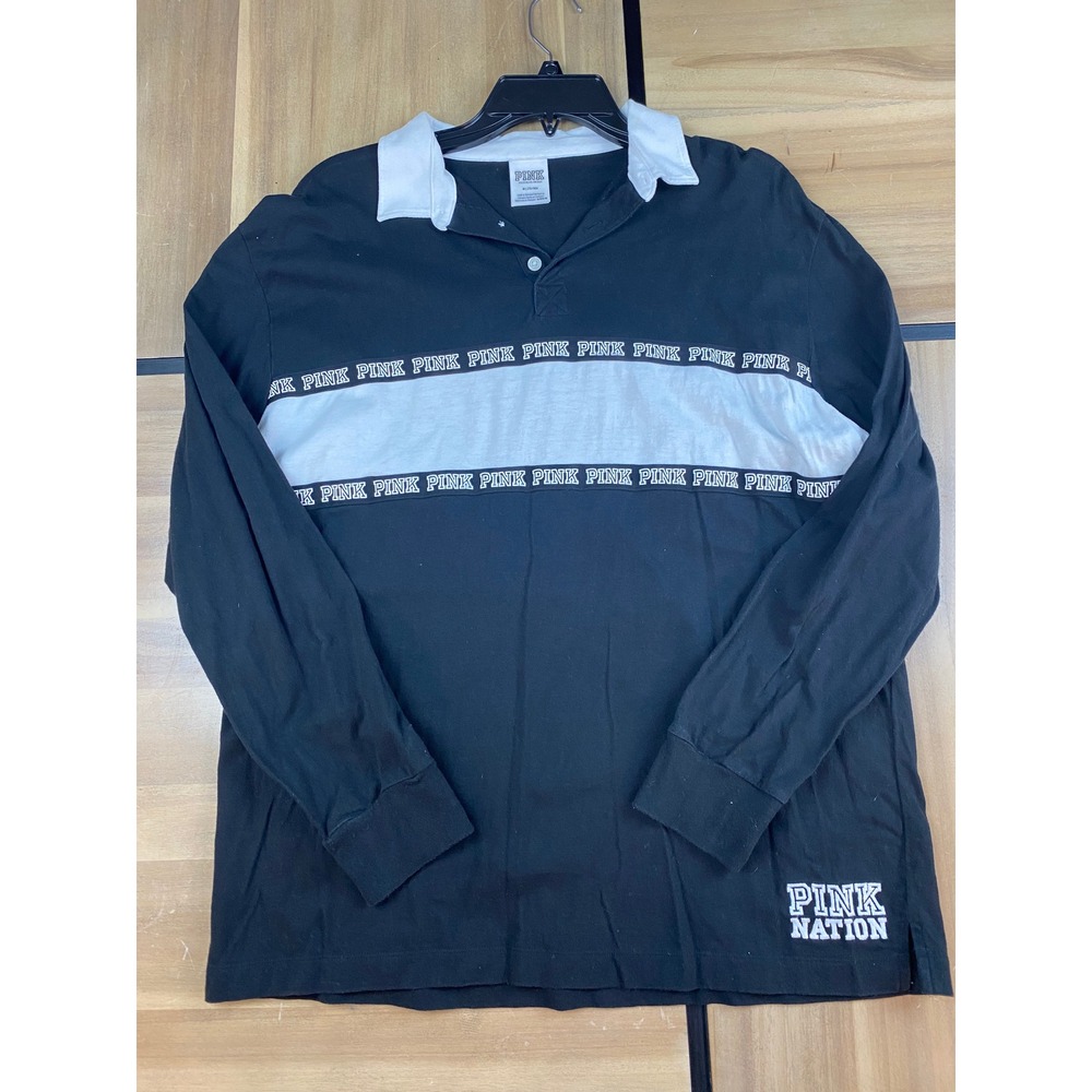Victoria's Secret PINK Nation Long Sleeve Rugby Polo Shirt‎ Black White Medium
